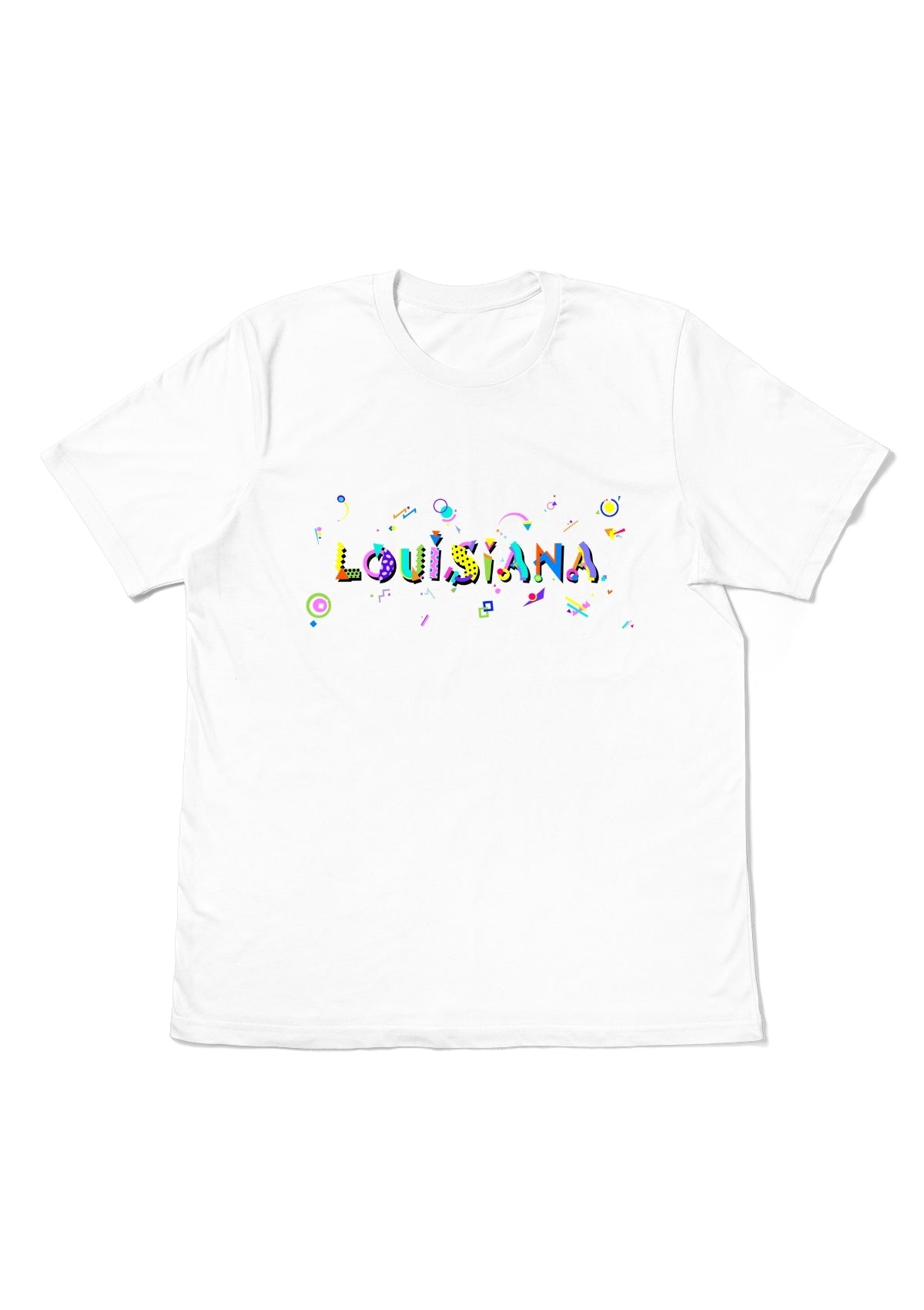 LOUISIANA, printed colorful Memphis font white flat tee