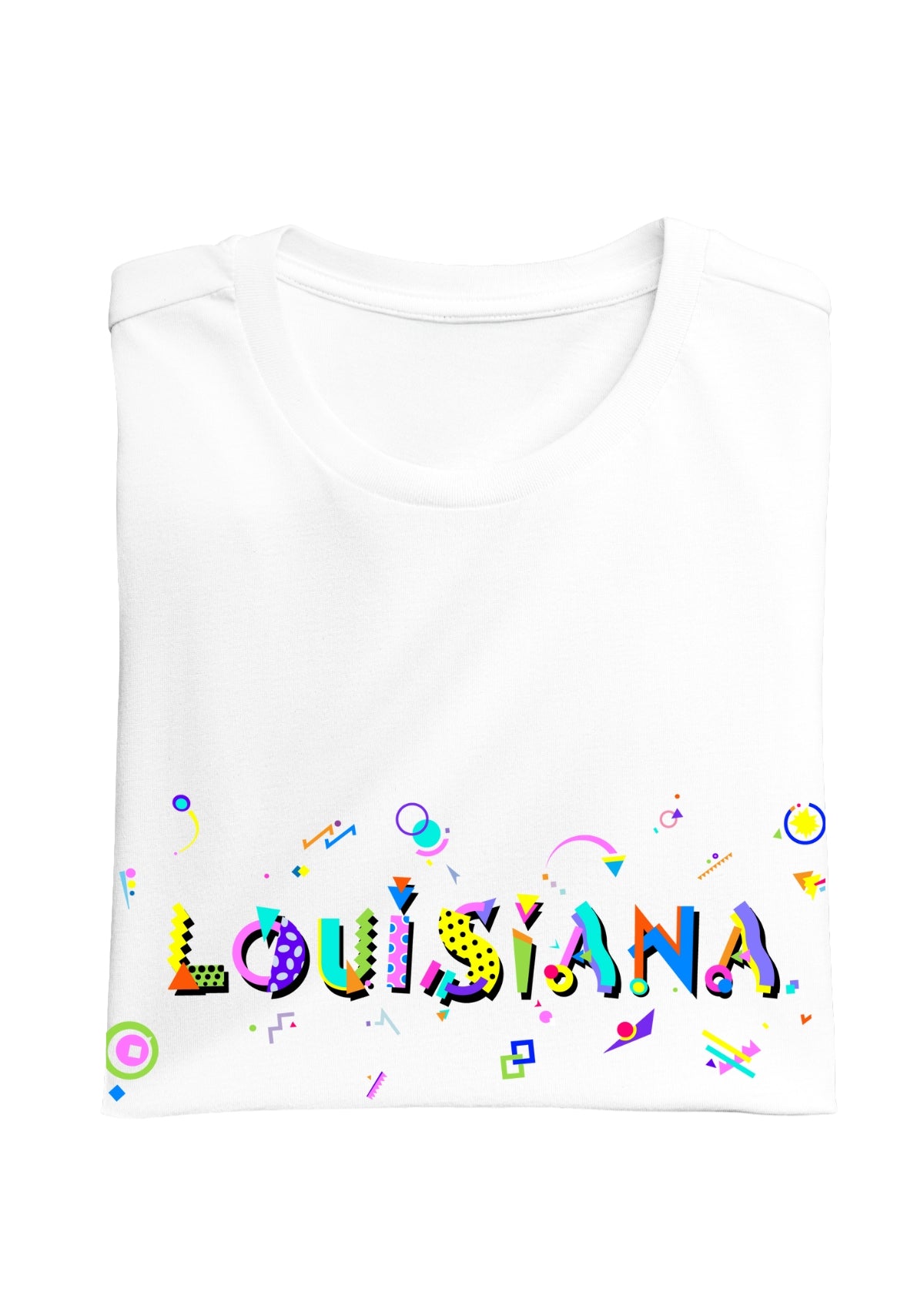 LOUISIANA printed in colorful letters - Memphis style fonts - white-folded-tee