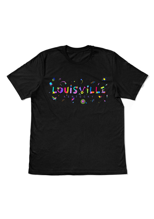 LOUISVILLE, KENTUCKY, printed colorful Memphis style font black flat tee