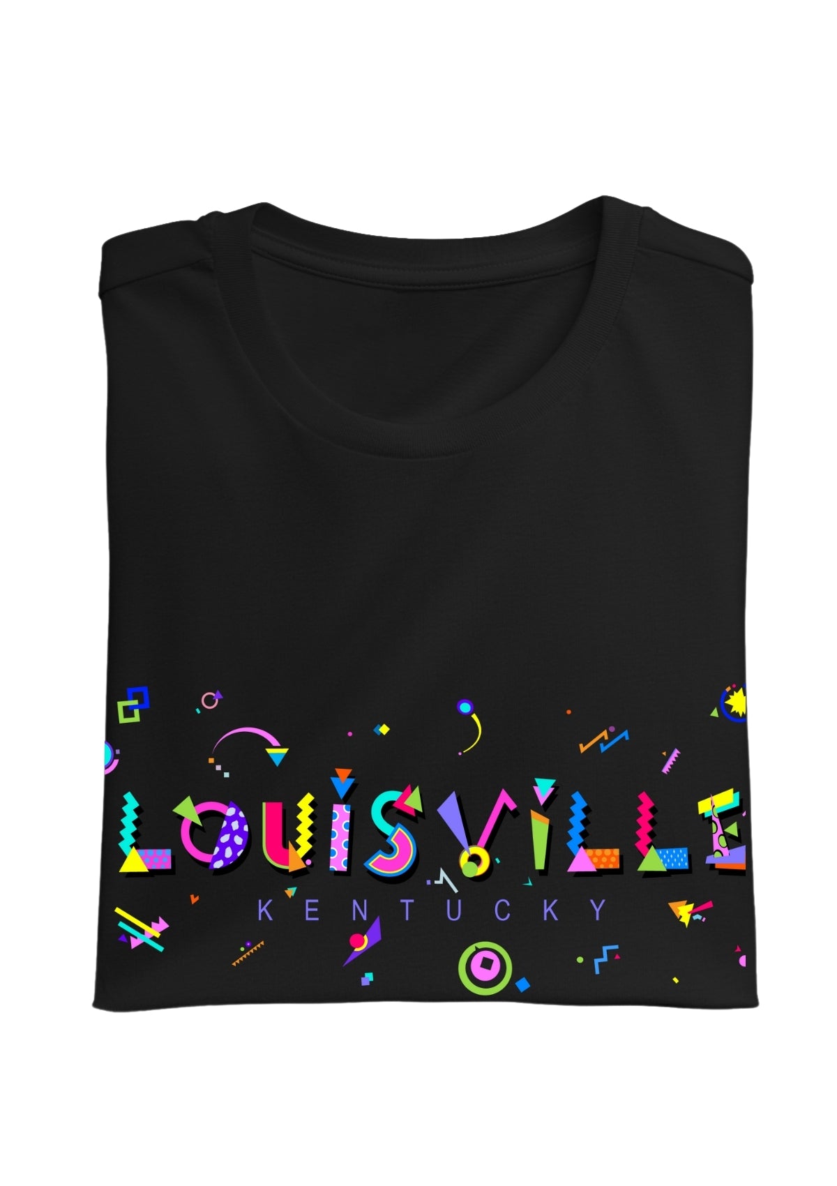 LOUISVILLE, KENTUCKY, printed colorful Memphis font black folded tee