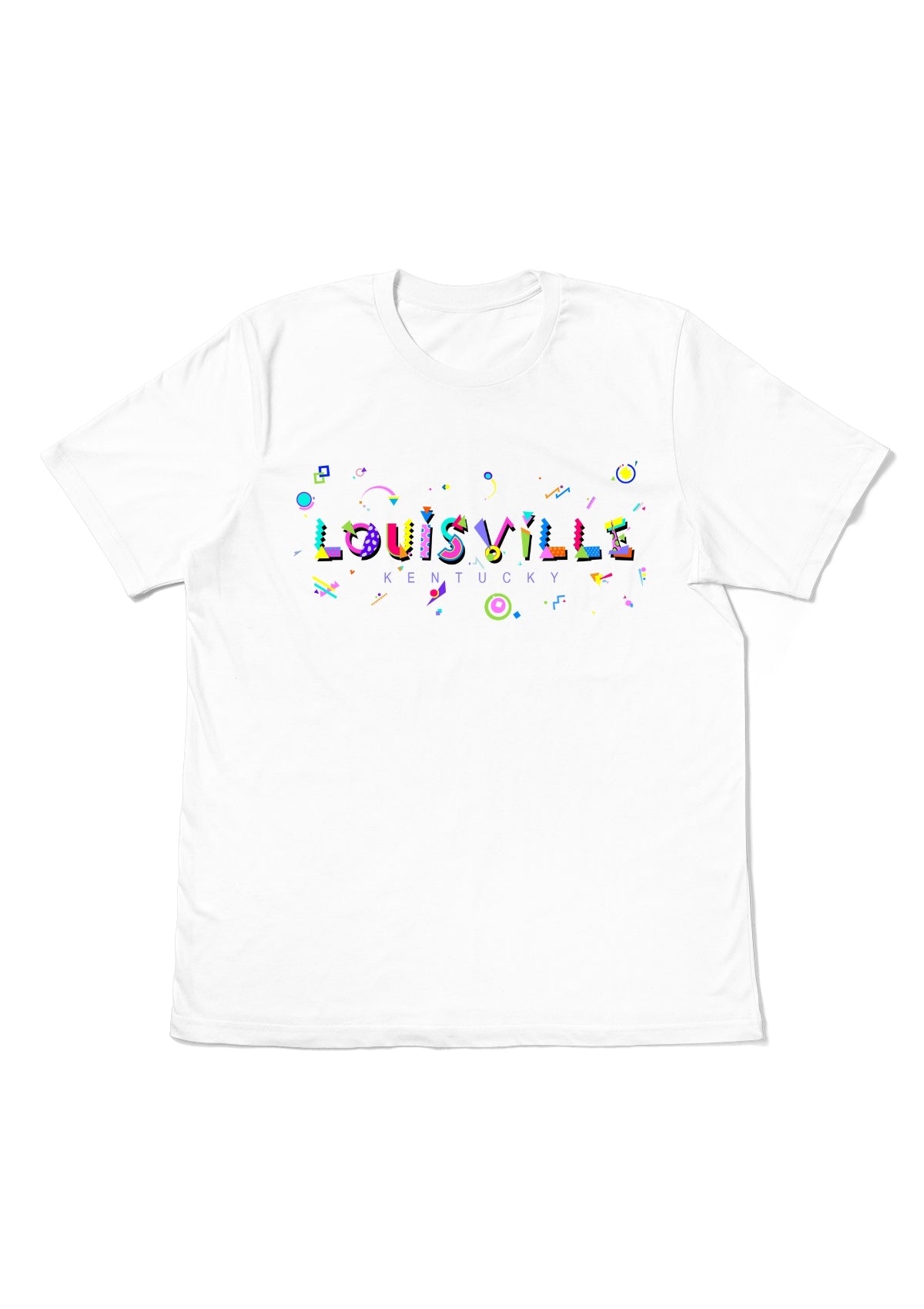 LOUISVILLE, KENTUCKY, printed colorful Memphis font white flat tee