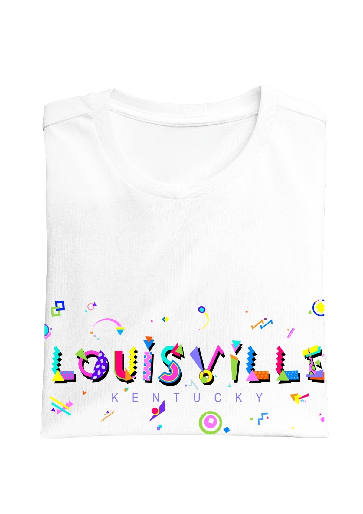 LOUISVILLE, KENTUCKY, colorful Memphis Style Font on white folded tee