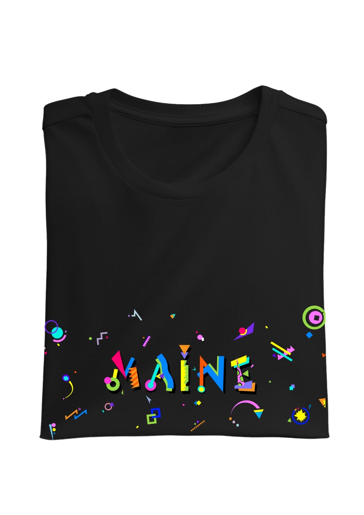 MAINE, printed colorful Memphis font black folded tee