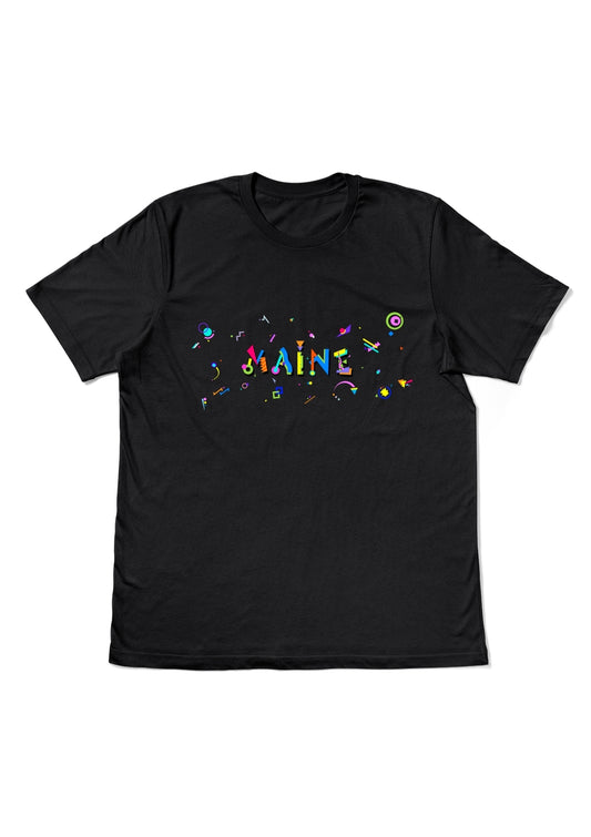 MAINE, printed colorful Memphis style font black flat tee