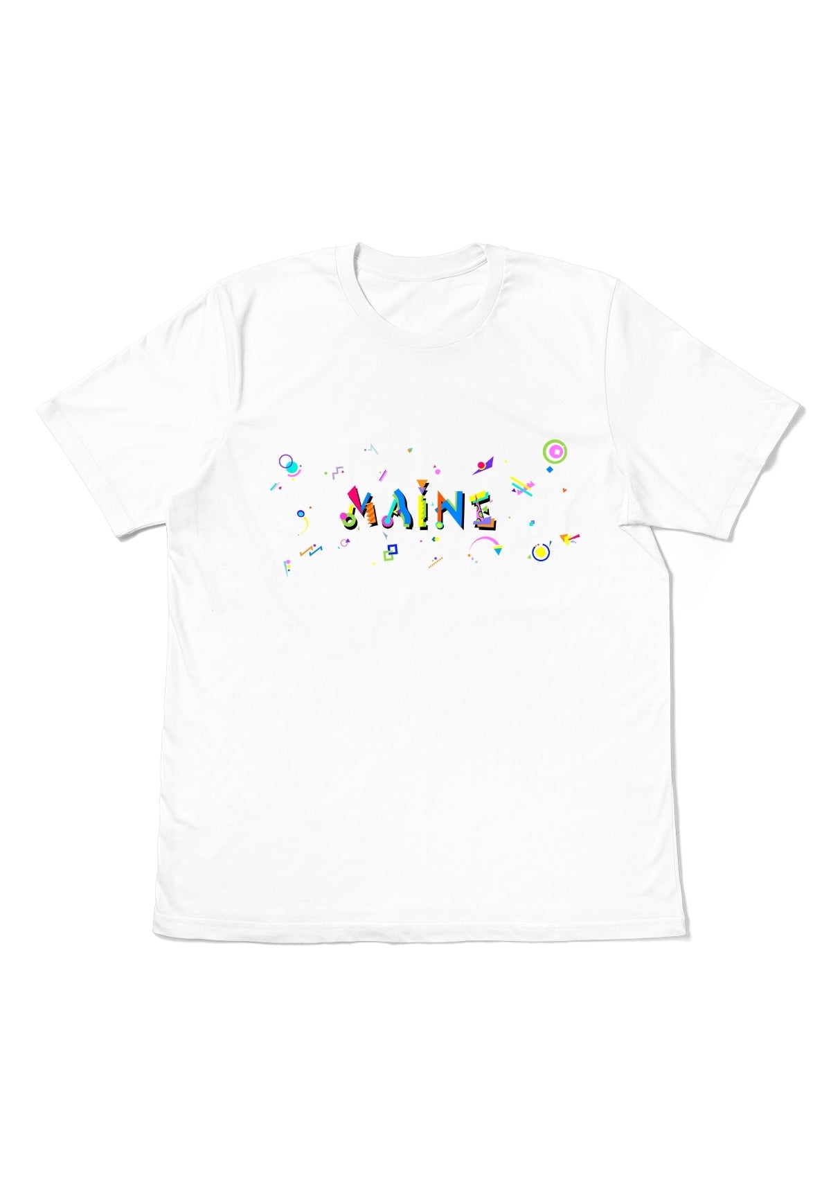 MAINE, printed colorful Memphis font white flat tee