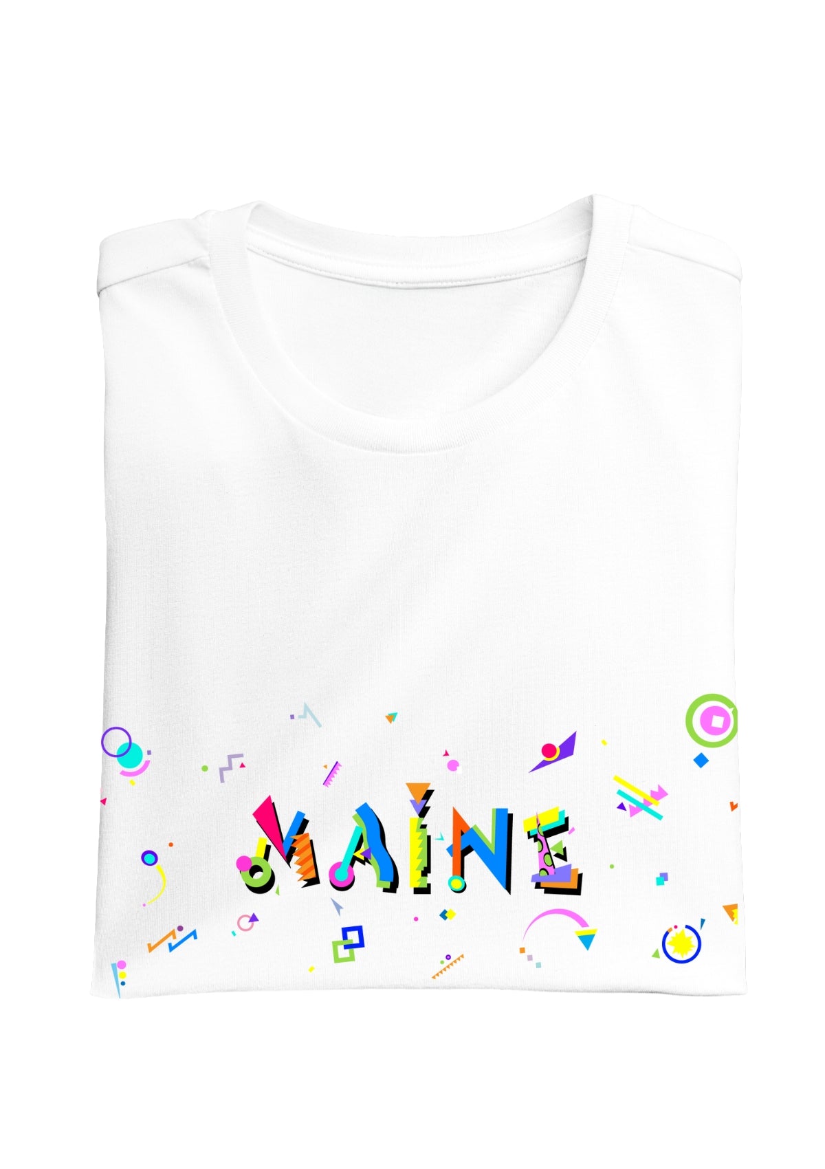 MAINE printed in colorful letters - Memphis style fonts - white-folded-tee