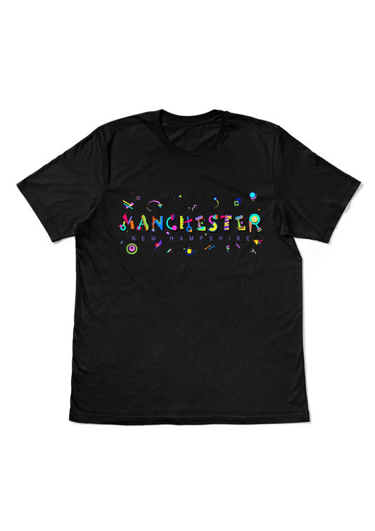 MANCHESTER, NEW HAMPSHIRE, printed colorful Memphis style font black flat tee