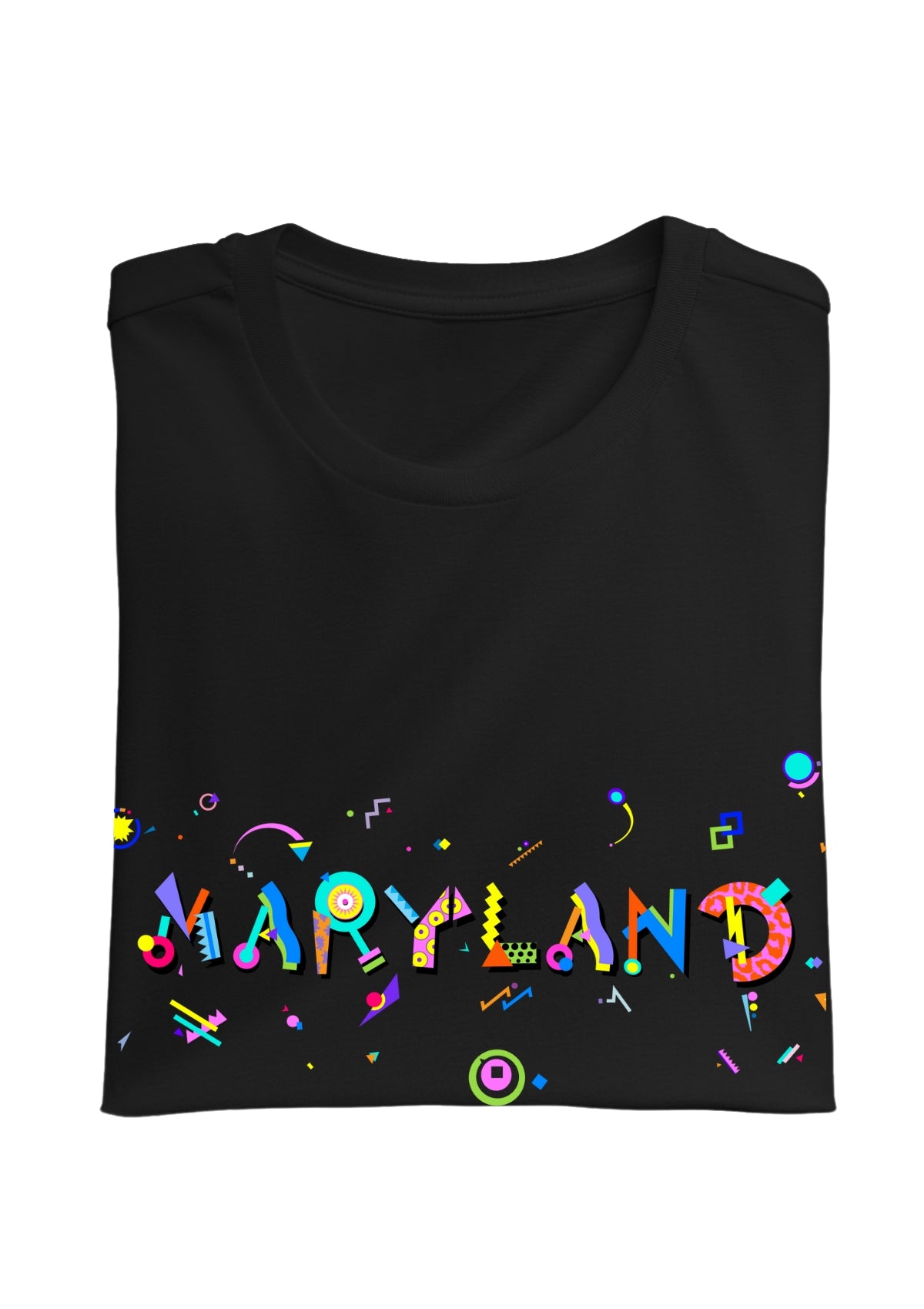 MARYLAND, printed colorful Memphis font black folded tee
