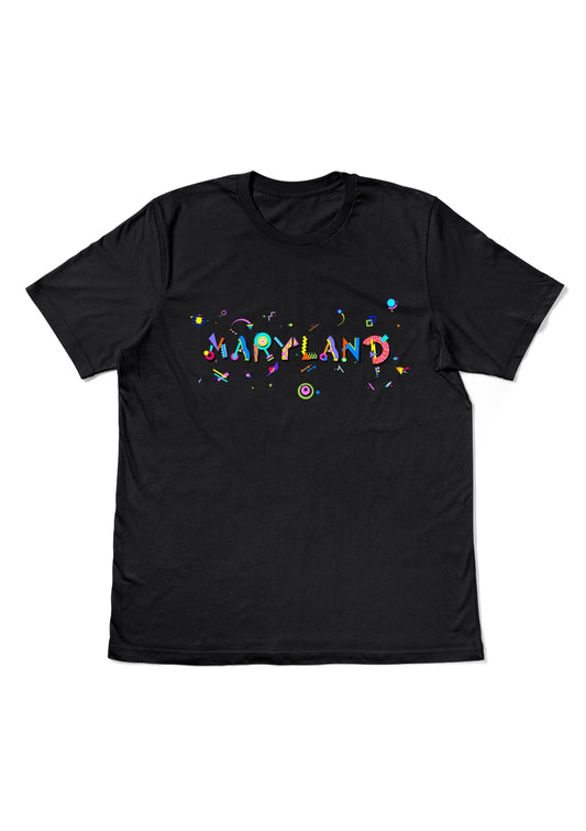 MARYLAND, printed colorful Memphis style font black flat tee