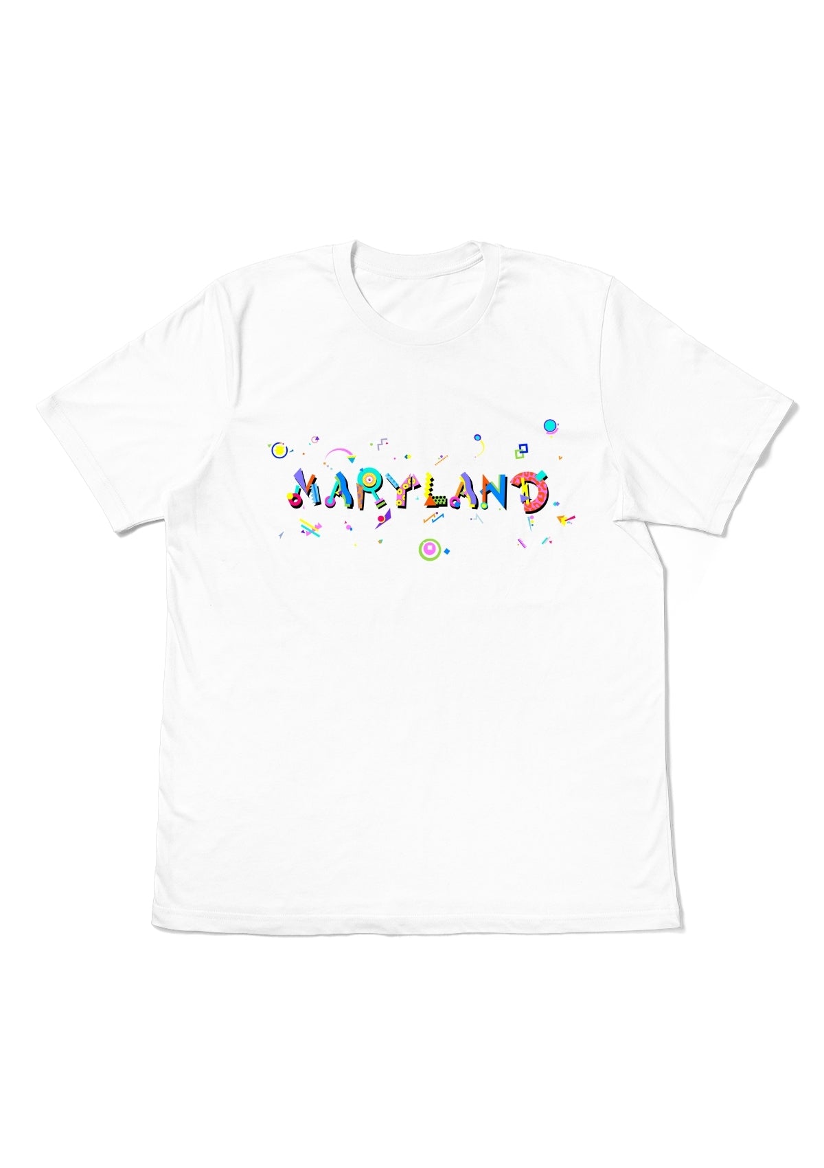 MARYLAND, printed colorful Memphis font white flat tee