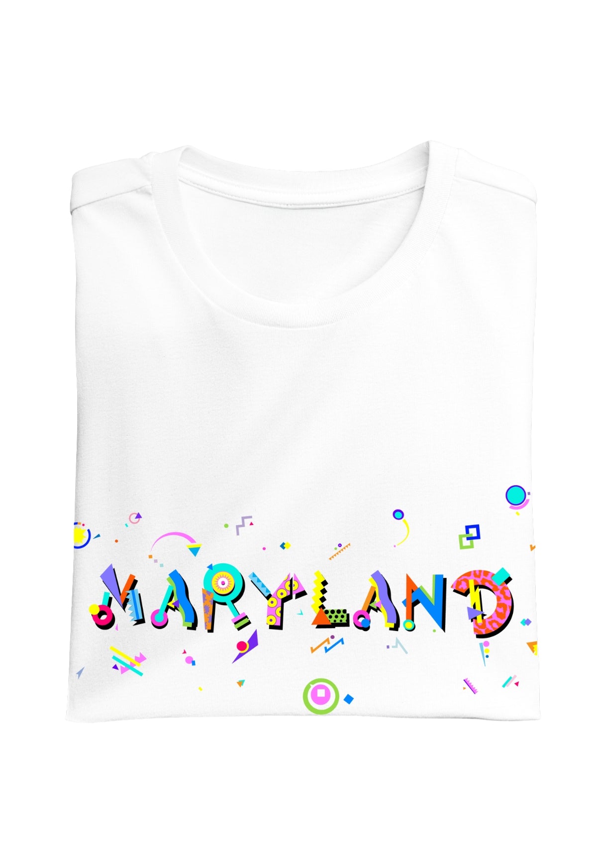 MARYLAND printed in colorful letters - Memphis style fonts - white-folded-tee