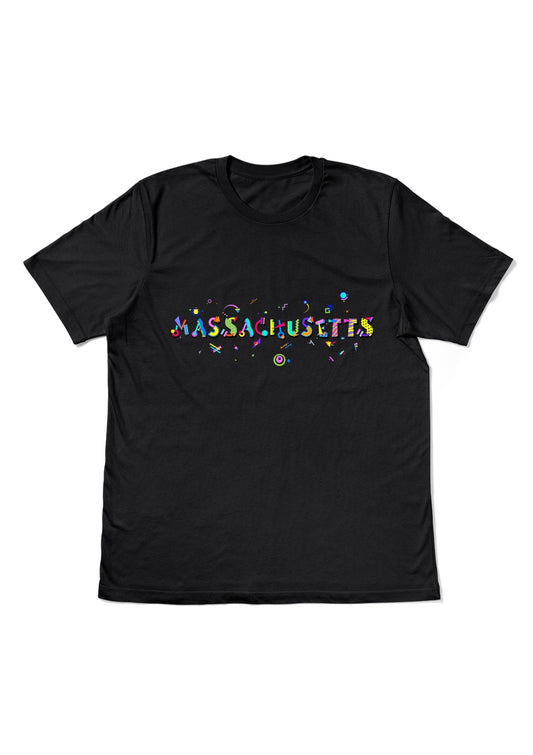 MASSACHUSETTS, printed colorful Memphis style font black flat tee