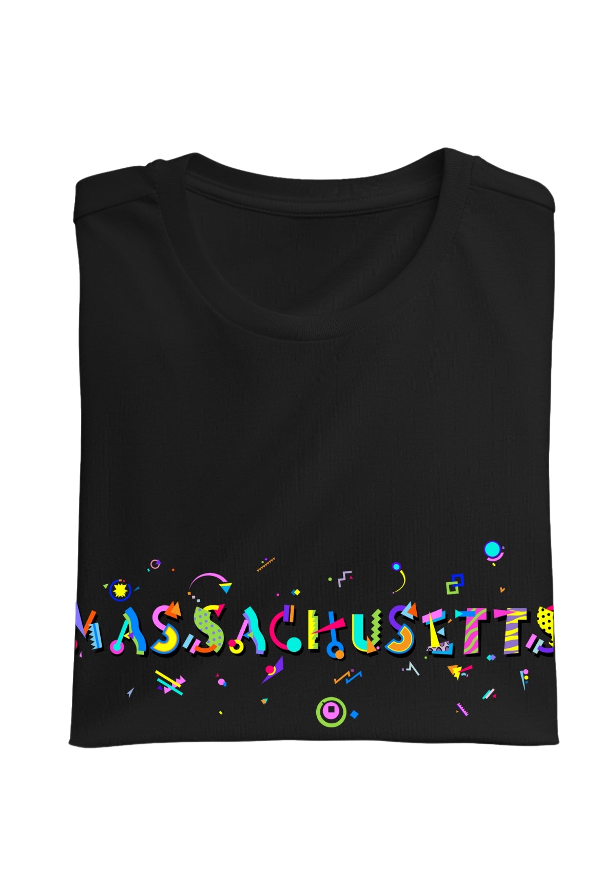 MASSACHUSETTS, printed colorful Memphis font black folded tee
