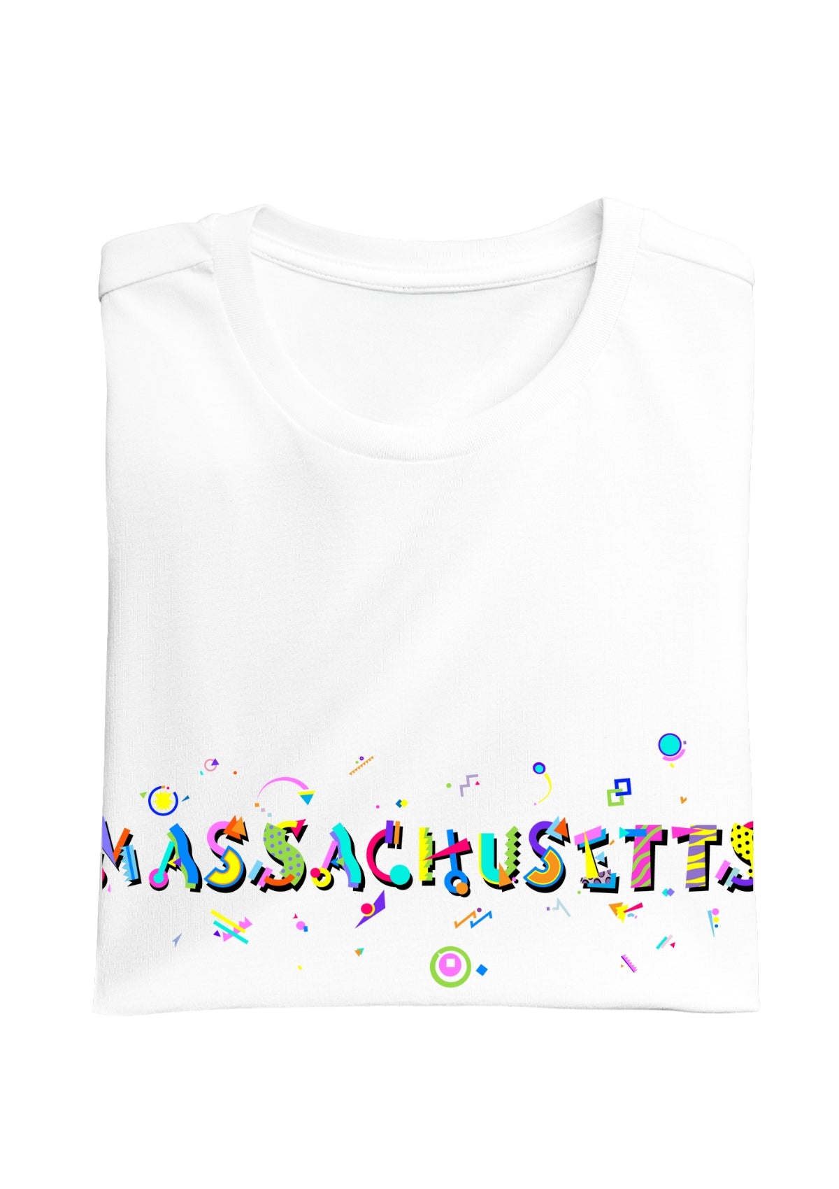 MASSACHUSETTS printed in colorful letters - Memphis style fonts - white-folded-tee