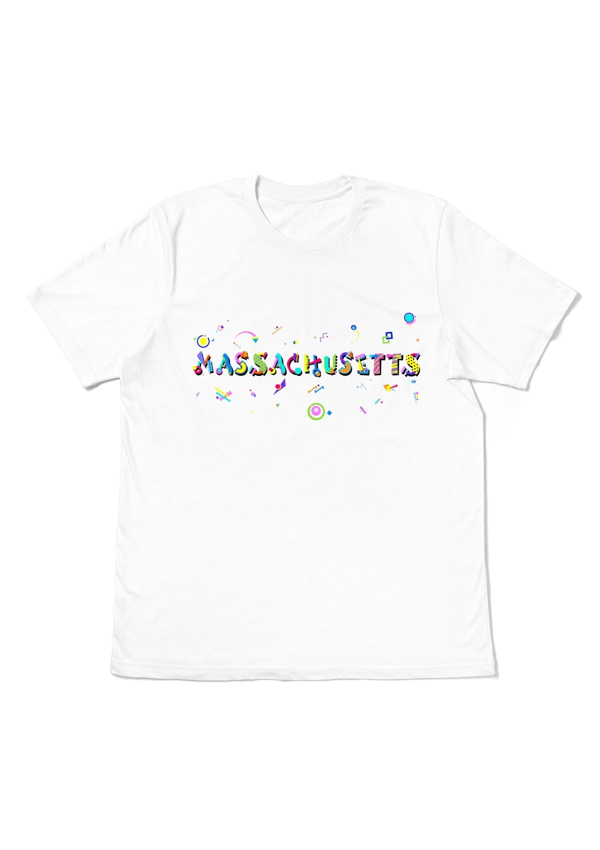 MASSACHUSETTS, printed colorful Memphis font white flat tee