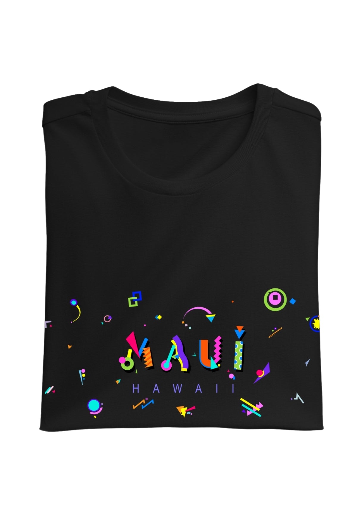 MAUI, HAWAII, printed colorful Memphis font black folded tee