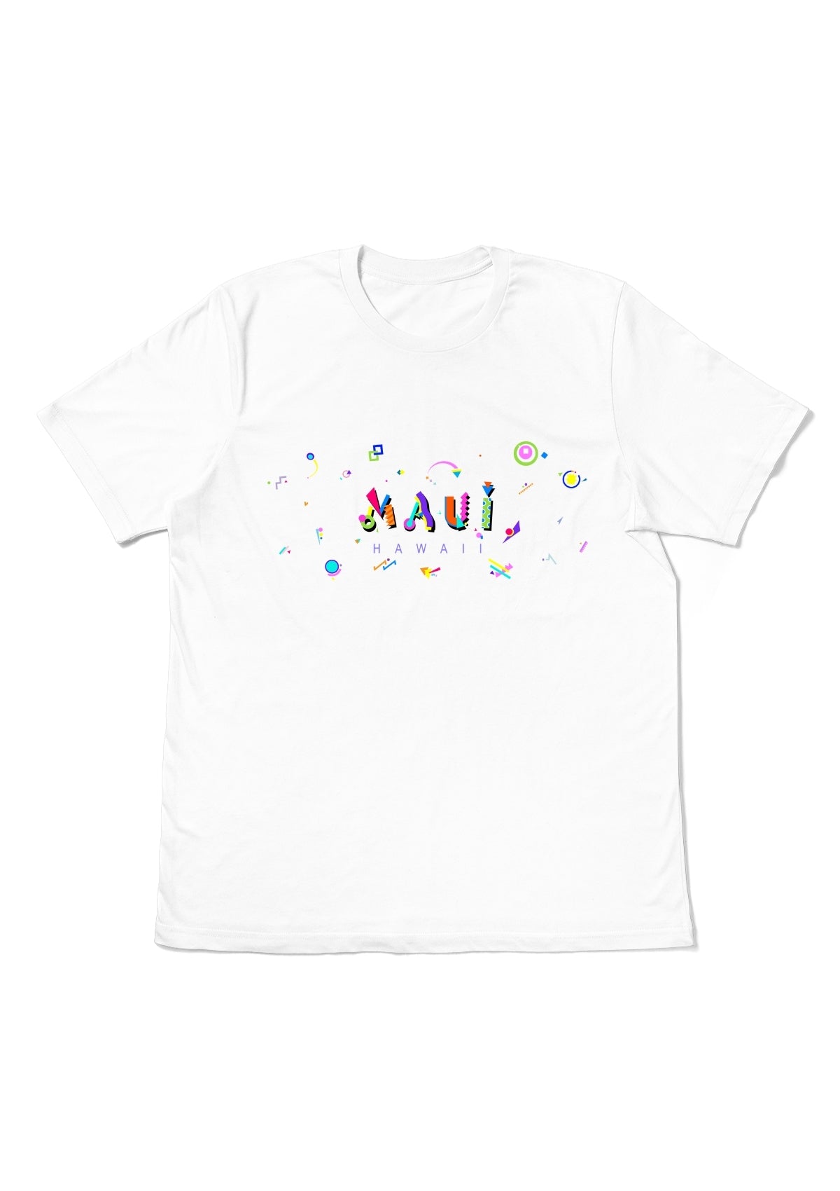 MAUI, HAWAII, printed colorful Memphis font white flat tee