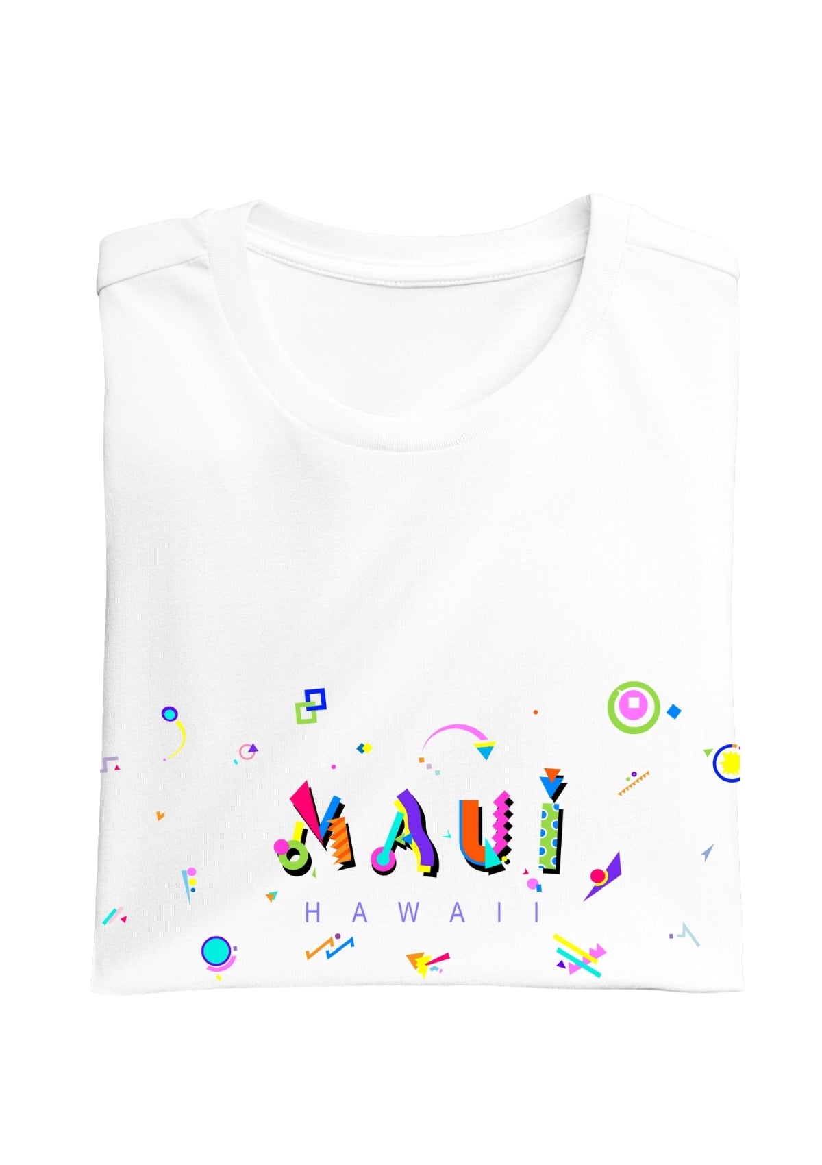 MAUI, HAWAII, colorful Memphis Style Font on white folded tee