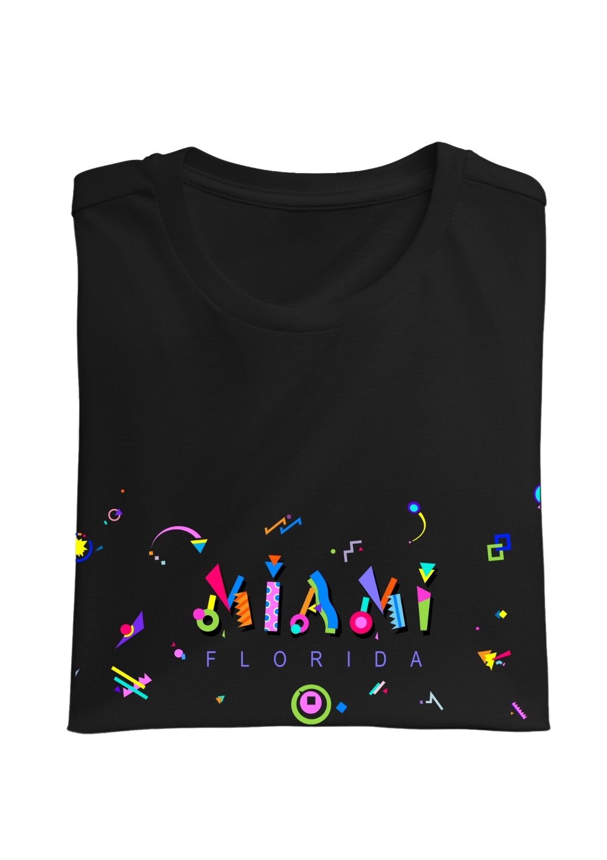 MIAMI, FLORIDA, printed colorful Memphis font black folded tee