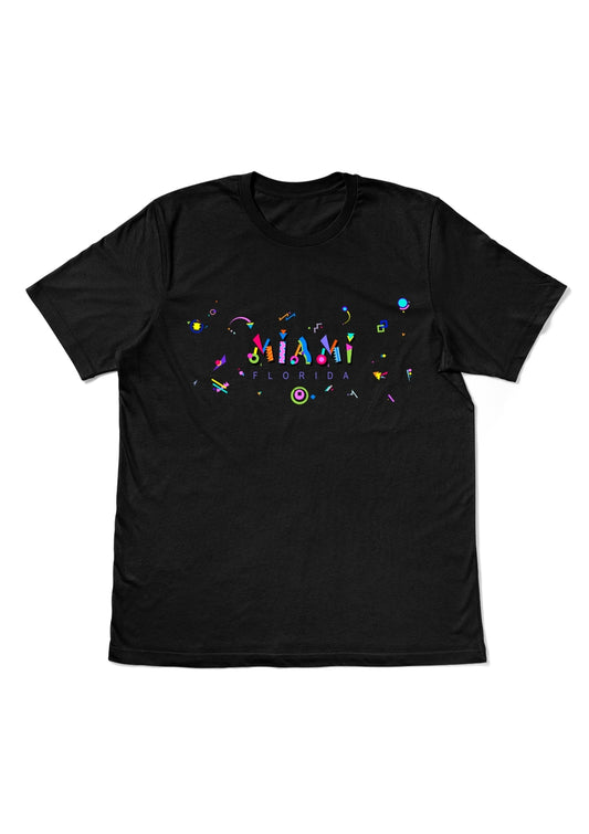 MIAMI, FLORIDA, printed colorful Memphis style font black flat tee