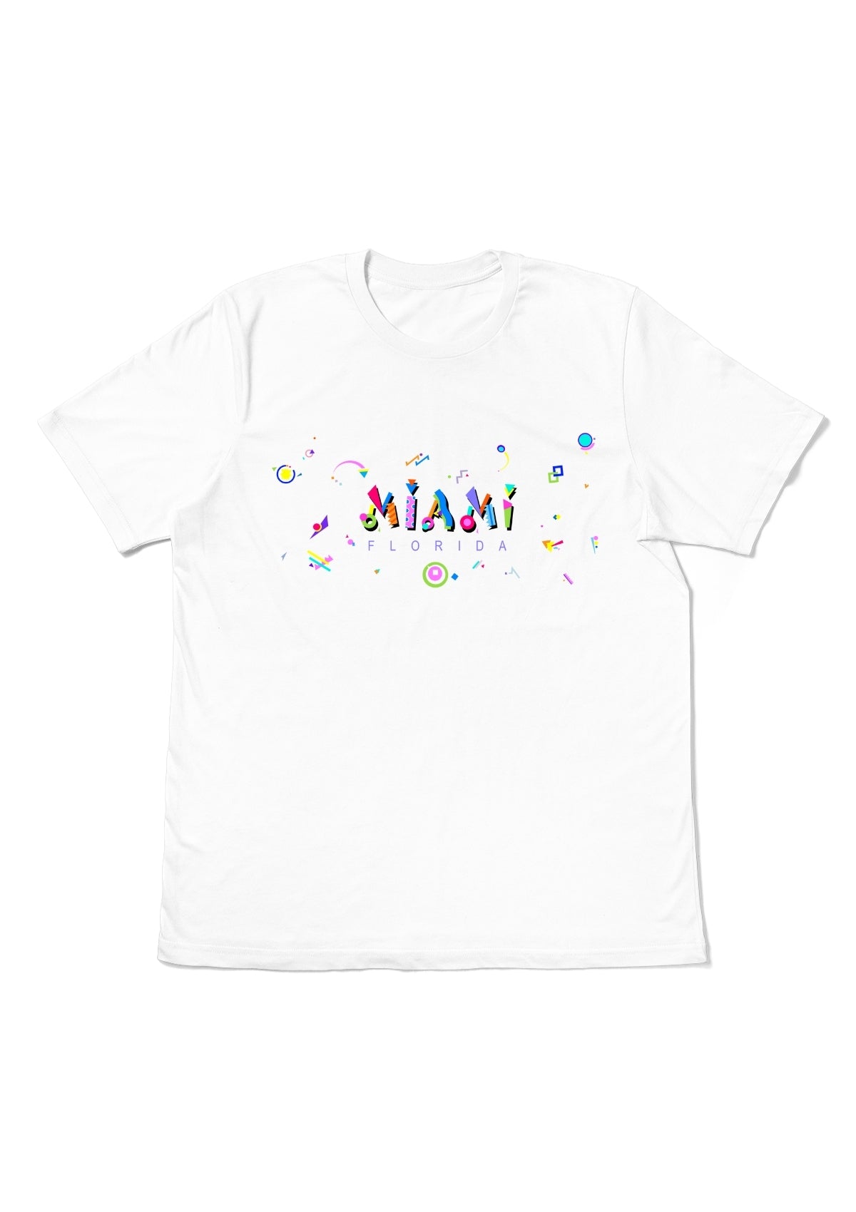 MIAMI, FLORIDA, printed colorful Memphis font white flat tee