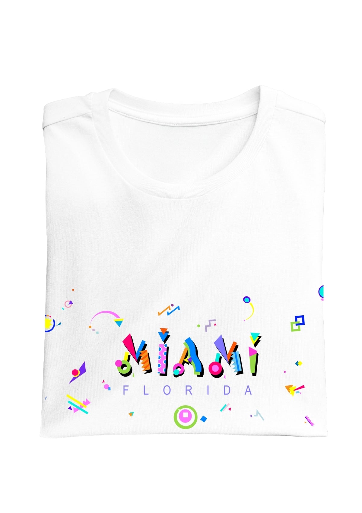 MIAMI, FLORIDA, colorful Memphis Style Font on white folded tee