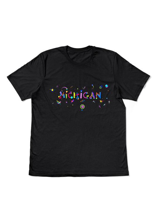 MICHIGAN, printed colorful Memphis style font black flat tee