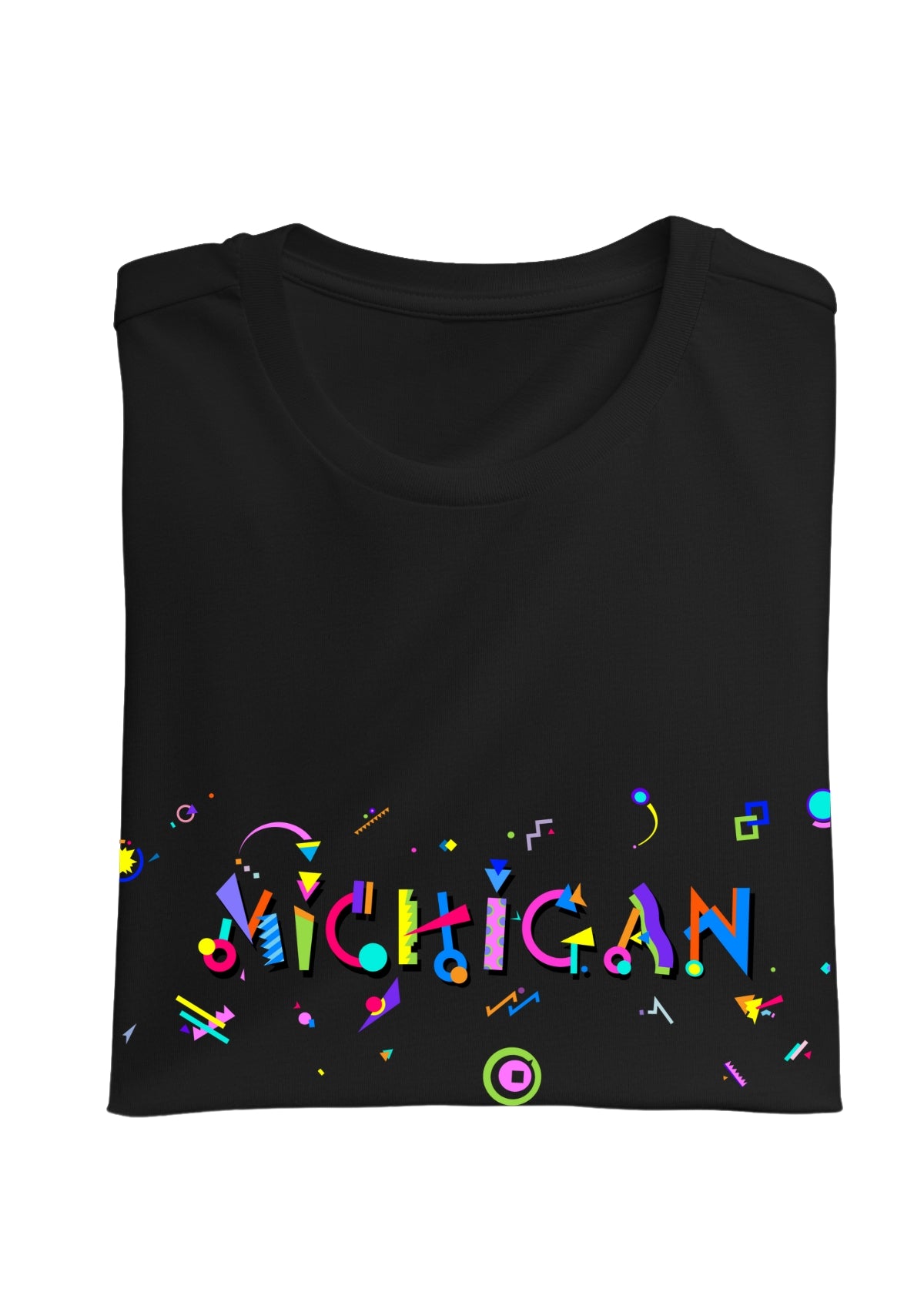 MICHIGAN, printed colorful Memphis font black folded tee