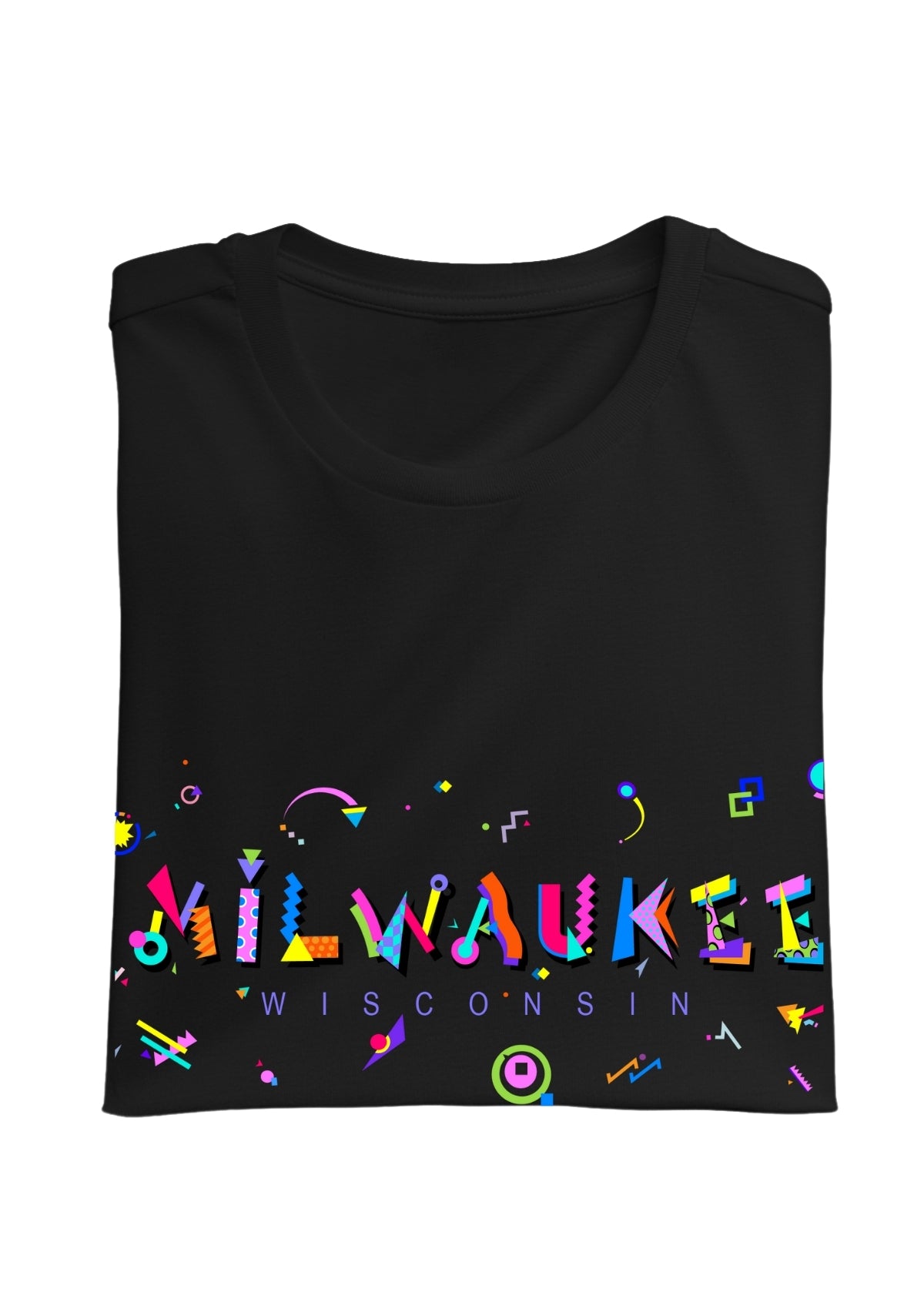 MILWAUKEE, WISCONSIN,, printed colorful Memphis font black folded tee