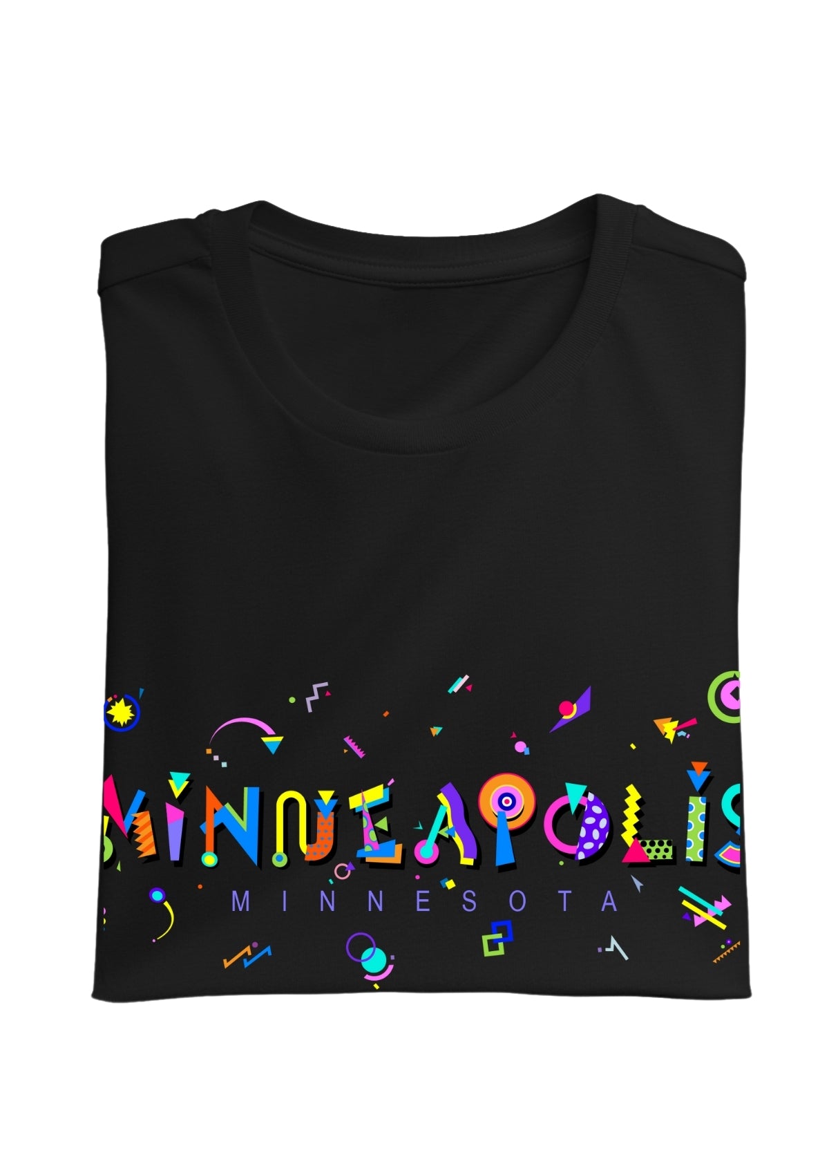 MINNEAPOLIS, MINNESOTA, printed colorful Memphis font black folded tee