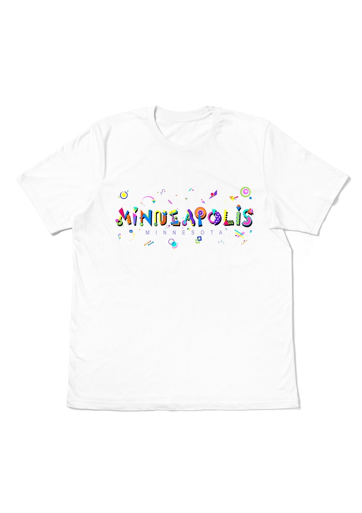 MINNEAPOLIS, MINNESOTA, printed colorful Memphis font white flat tee