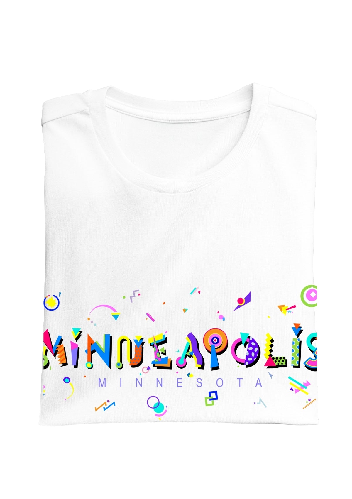 MINNEAPOLIS, MINNESOTA, colorful Memphis Style Font on white folded tee