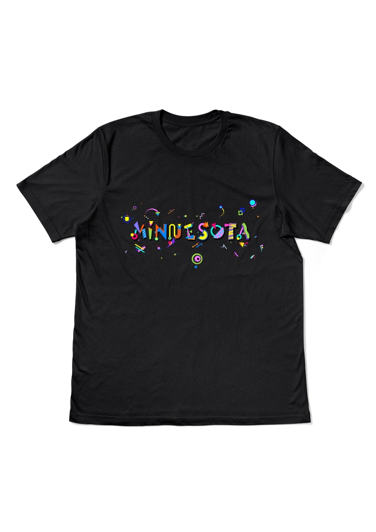 MINNESOTA, printed colorful Memphis style font black flat tee