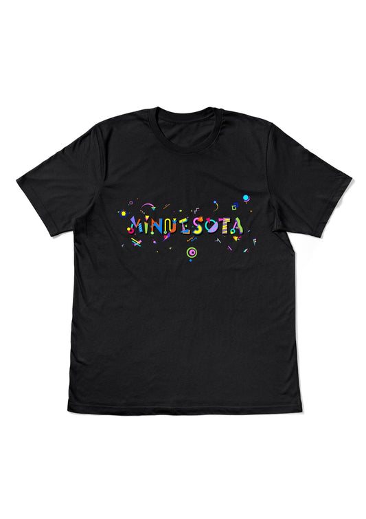 MINNESOTA, printed colorful Memphis style font black flat tee