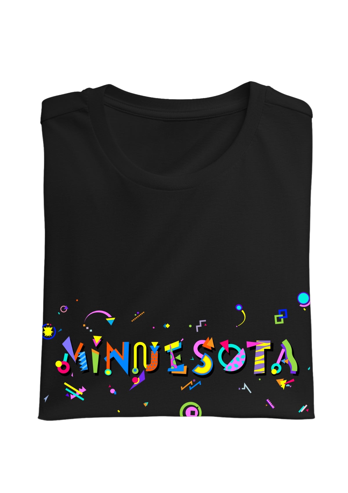 MINNESOTA, printed colorful Memphis font black folded tee