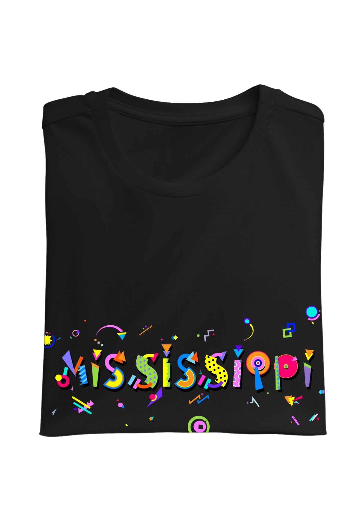 MISSISSIPPI, printed colorful Memphis font black folded tee