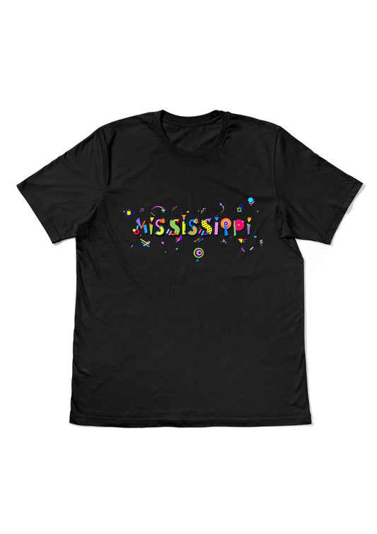 MISSISSIPPI, printed colorful Memphis style font black flat tee