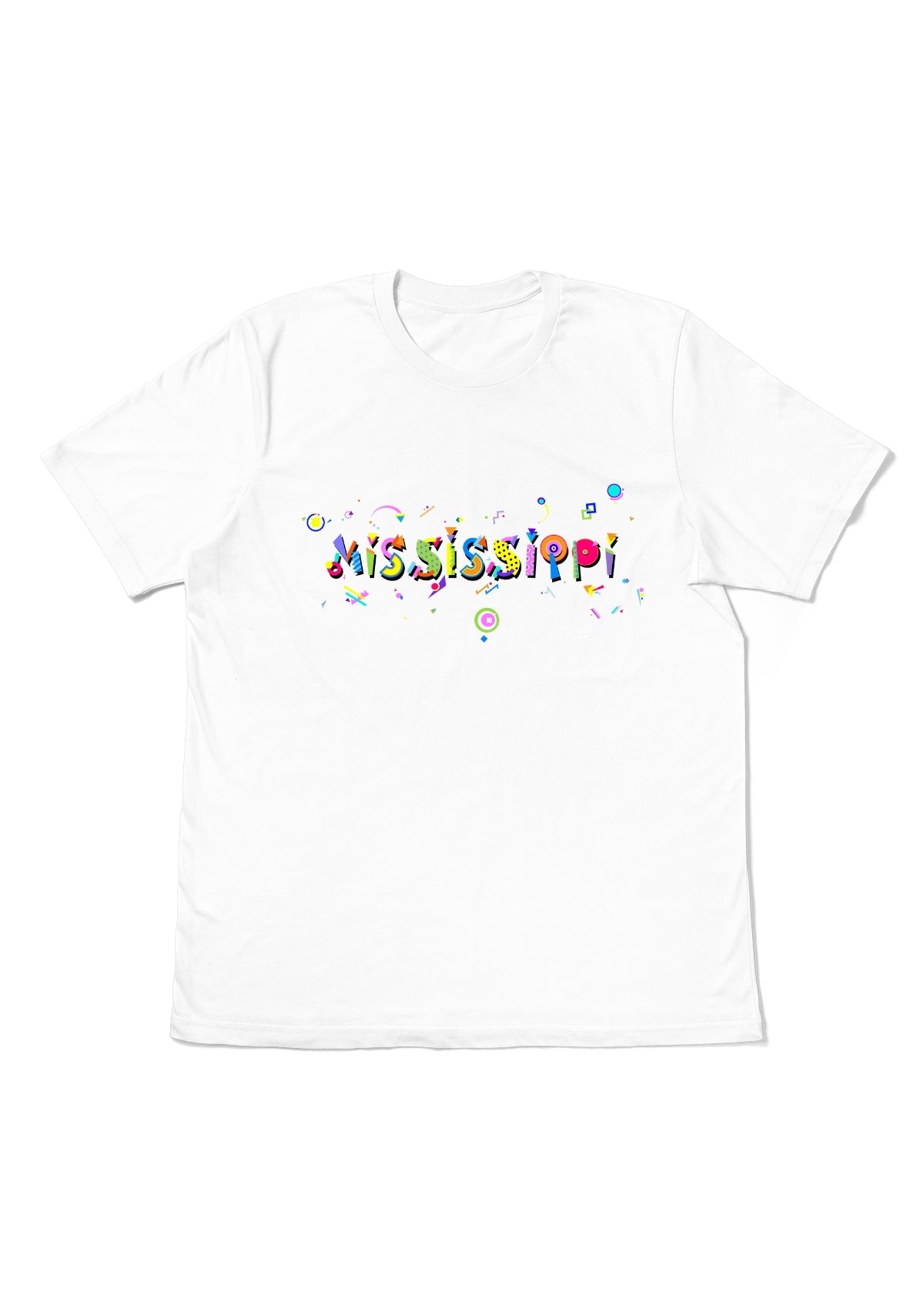 MISSISSIPPI, printed colorful Memphis font white flat tee