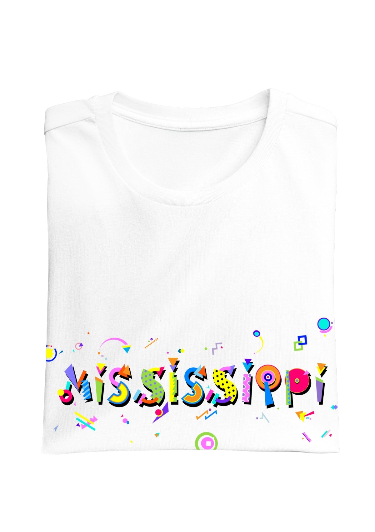 MISSISSIPPI printed in colorful letters - Memphis style fonts - white-folded-tee