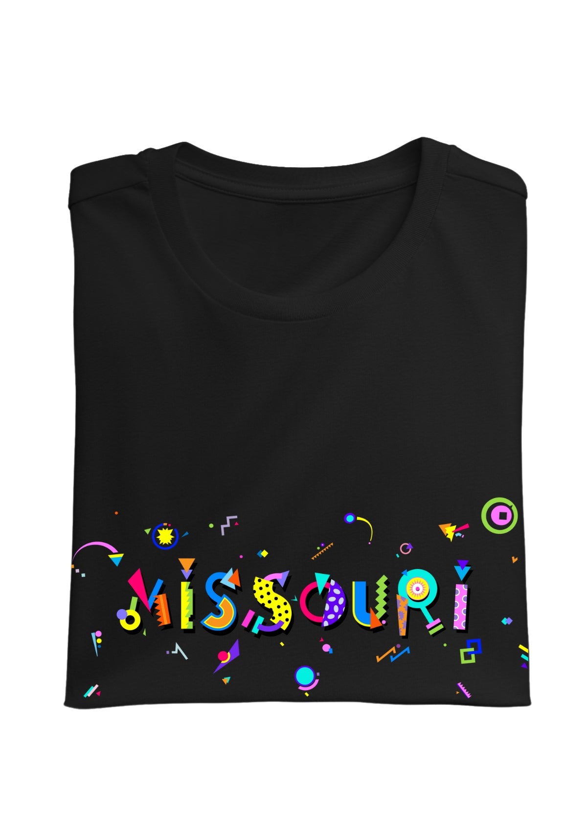 MISSOURI, printed colorful Memphis font black folded tee
