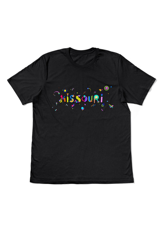 MISSOURI, printed colorful Memphis style font black flat tee