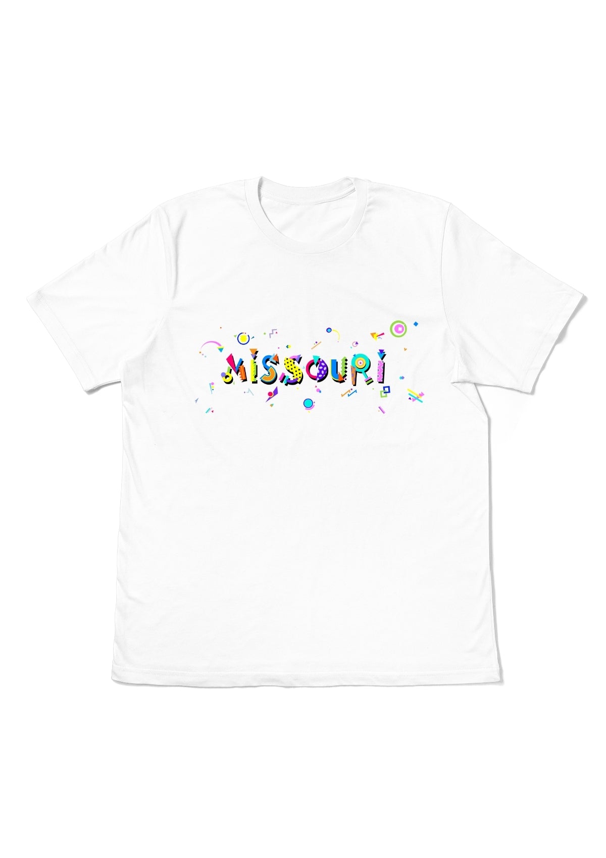 MISSOURI, printed colorful Memphis font white flat tee