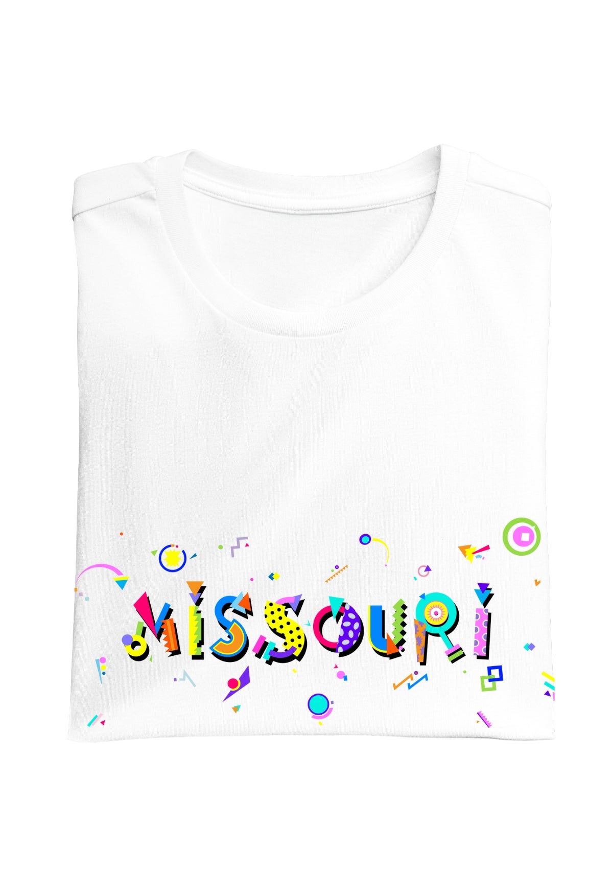 MISSOURI printed in colorful letters - Memphis style fonts - white-folded-tee