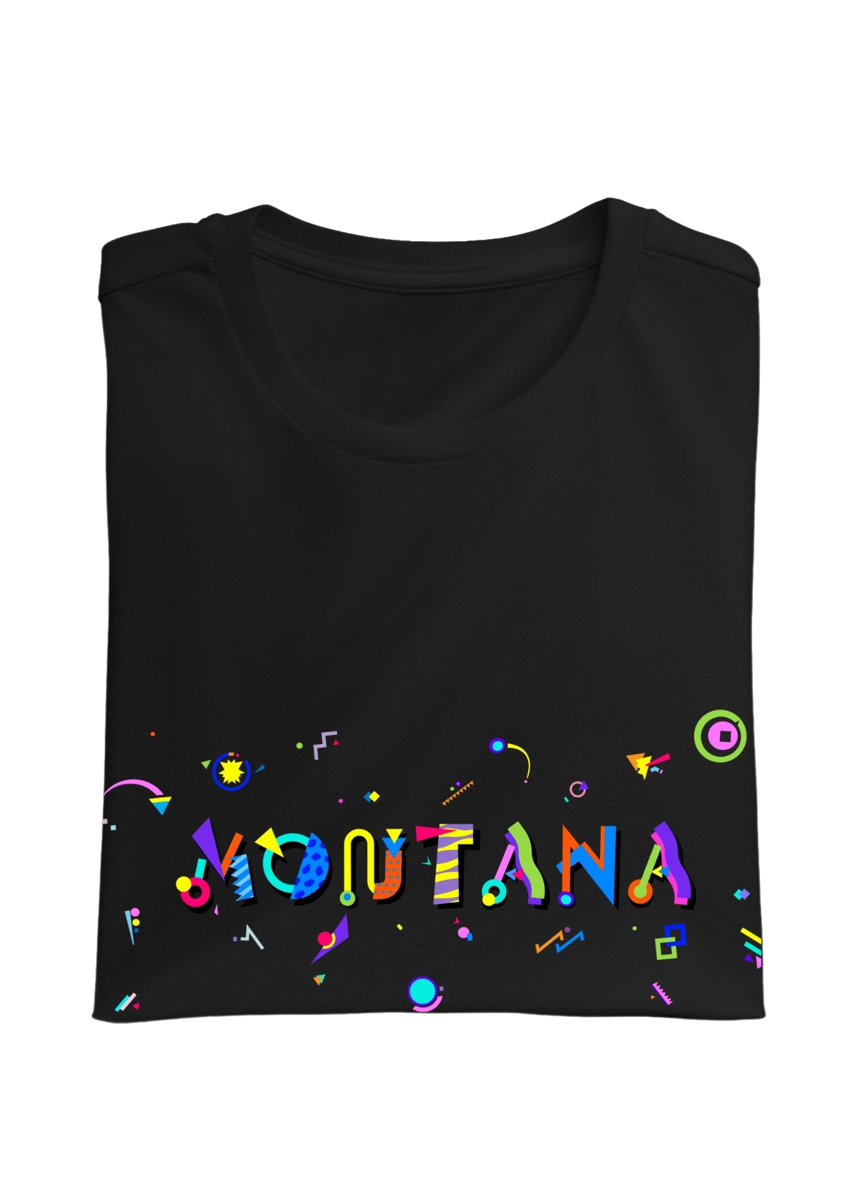 MONTANA, printed colorful Memphis font black folded tee