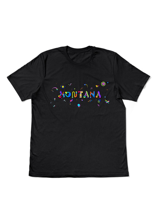 MONTANA, printed colorful Memphis style font black flat tee