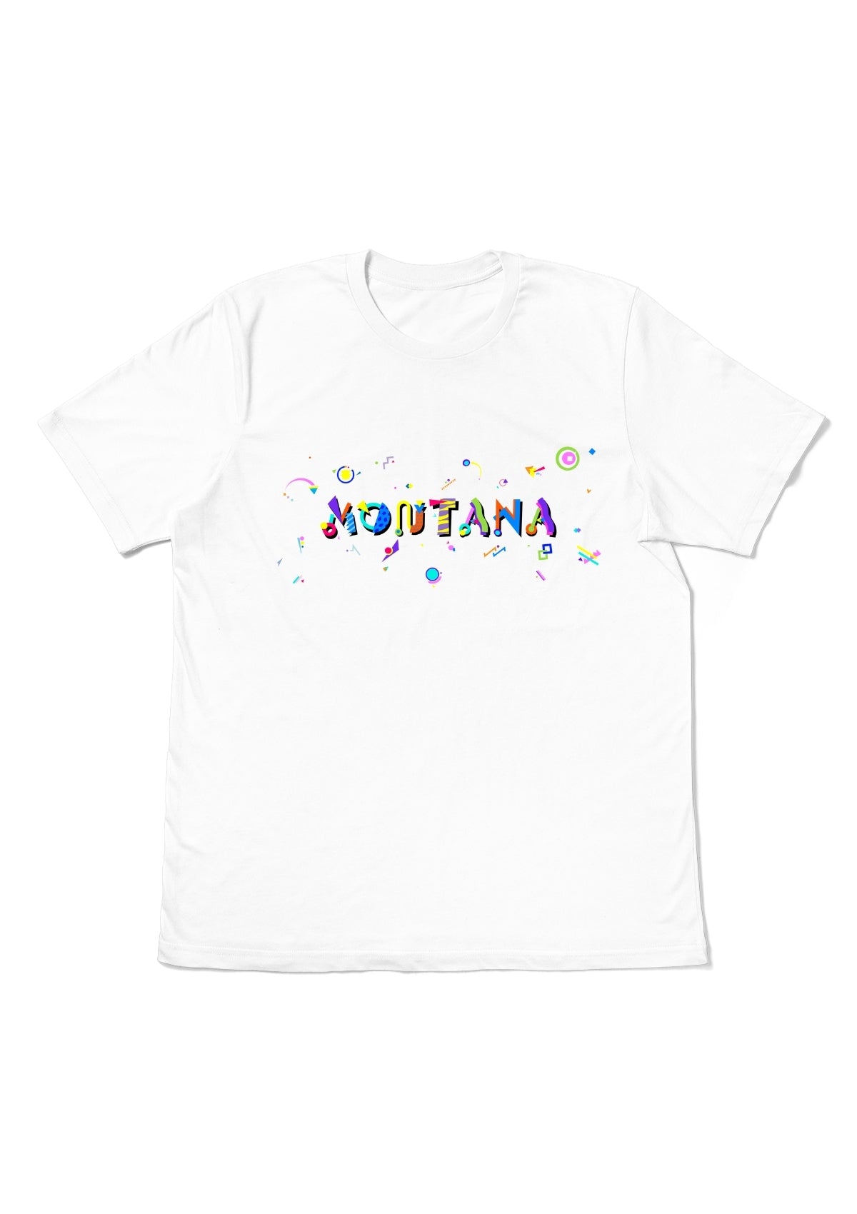 MONTANA, printed colorful Memphis font white flat tee