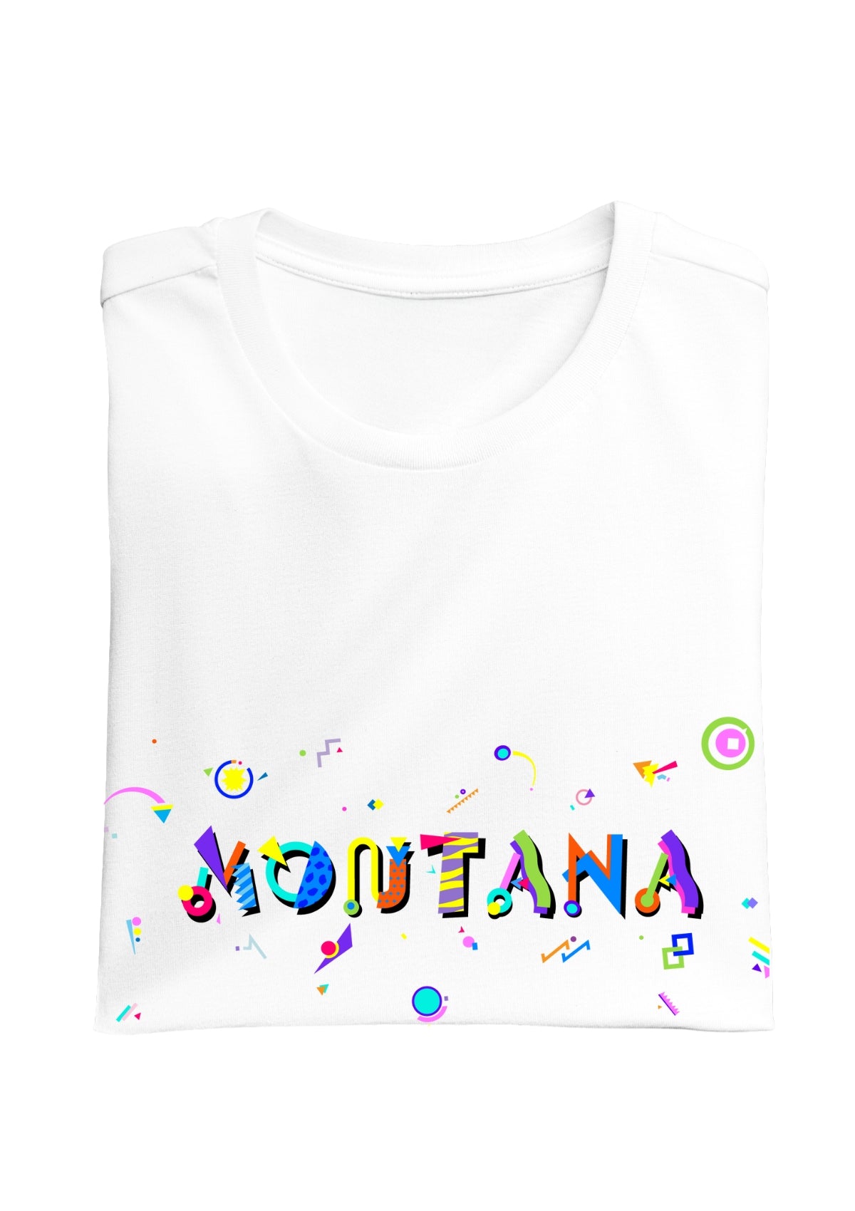 MONTANA printed in colorful letters - Memphis style fonts - white-folded-tee