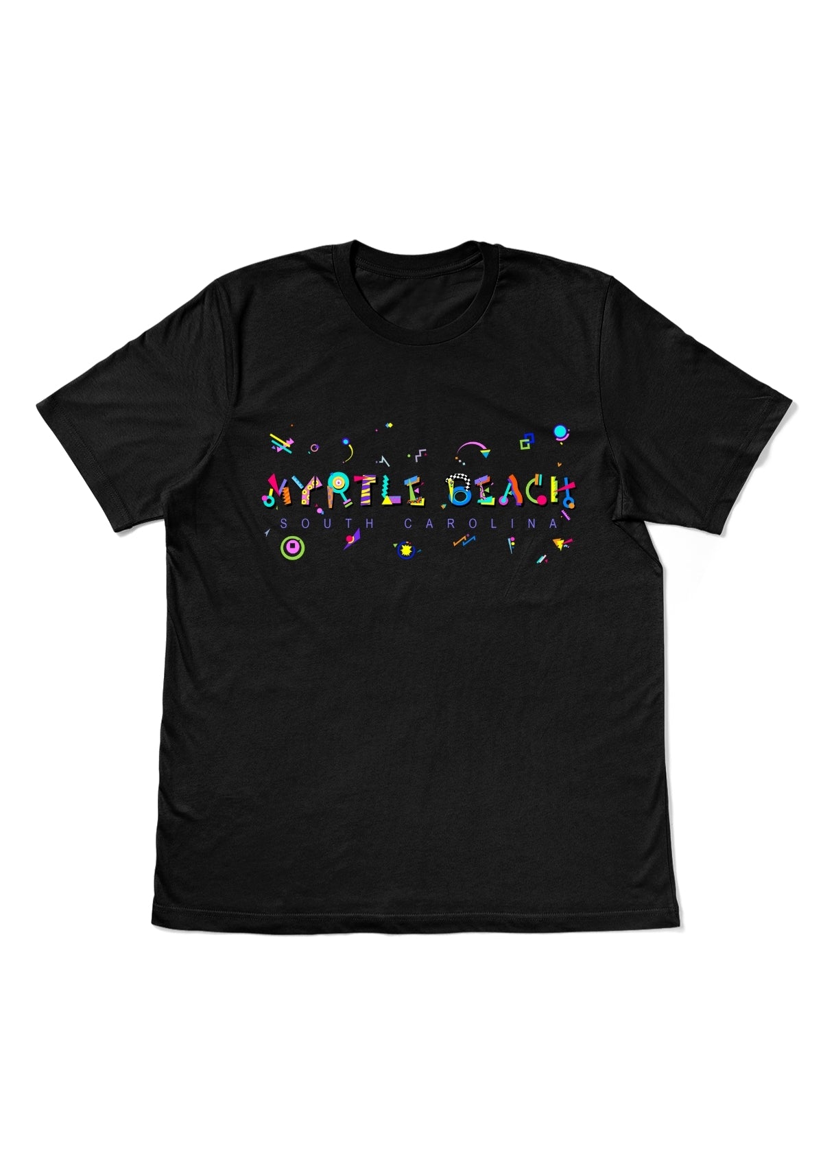 MYRTLE BEACH, SOUTH CAROLINA, printed colorful Memphis style font black flat tee