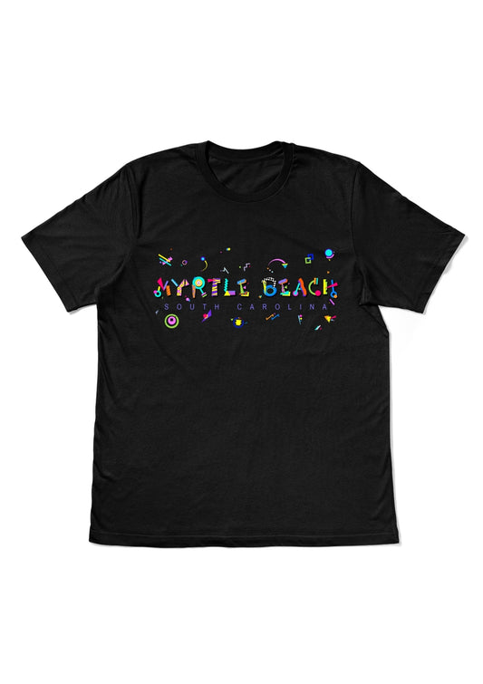 MYRTLE BEACH, SOUTH CAROLINA, printed colorful Memphis style font black flat tee