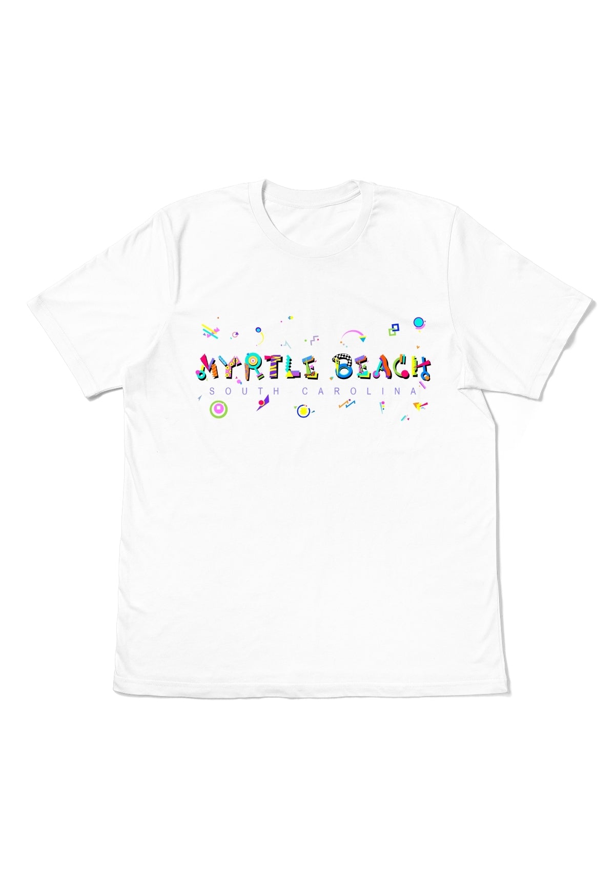 MYRTLE BEACH, SOUTH CAROLINA, printed colorful Memphis font white flat tee